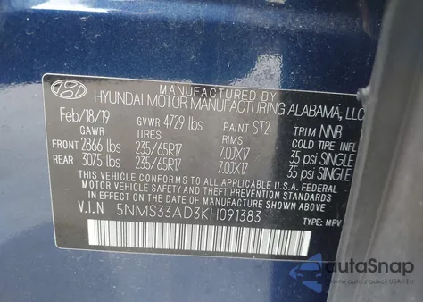 2019 Hyundai Santa Fe Sel z USA, uszkodzony, nr VIN 5NMS33AD3KH091383